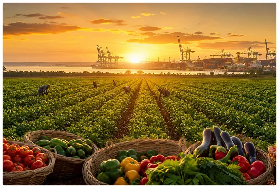 Our Vision - Fresh produce farm fields at sunset